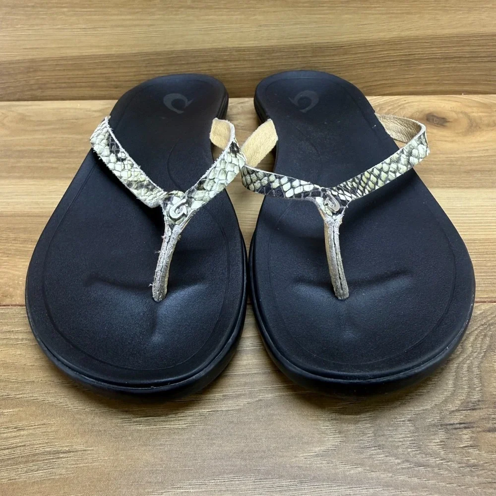 Olukai Ho'Opio Flip Flop Sandals Womens 8 Snake Leather Thong Vacation Resort